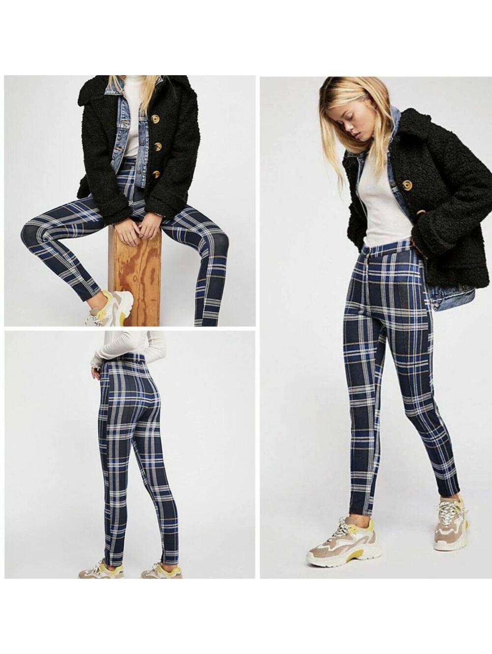 Free People Carnaby Blue & White Plaid Pants Blue Size O